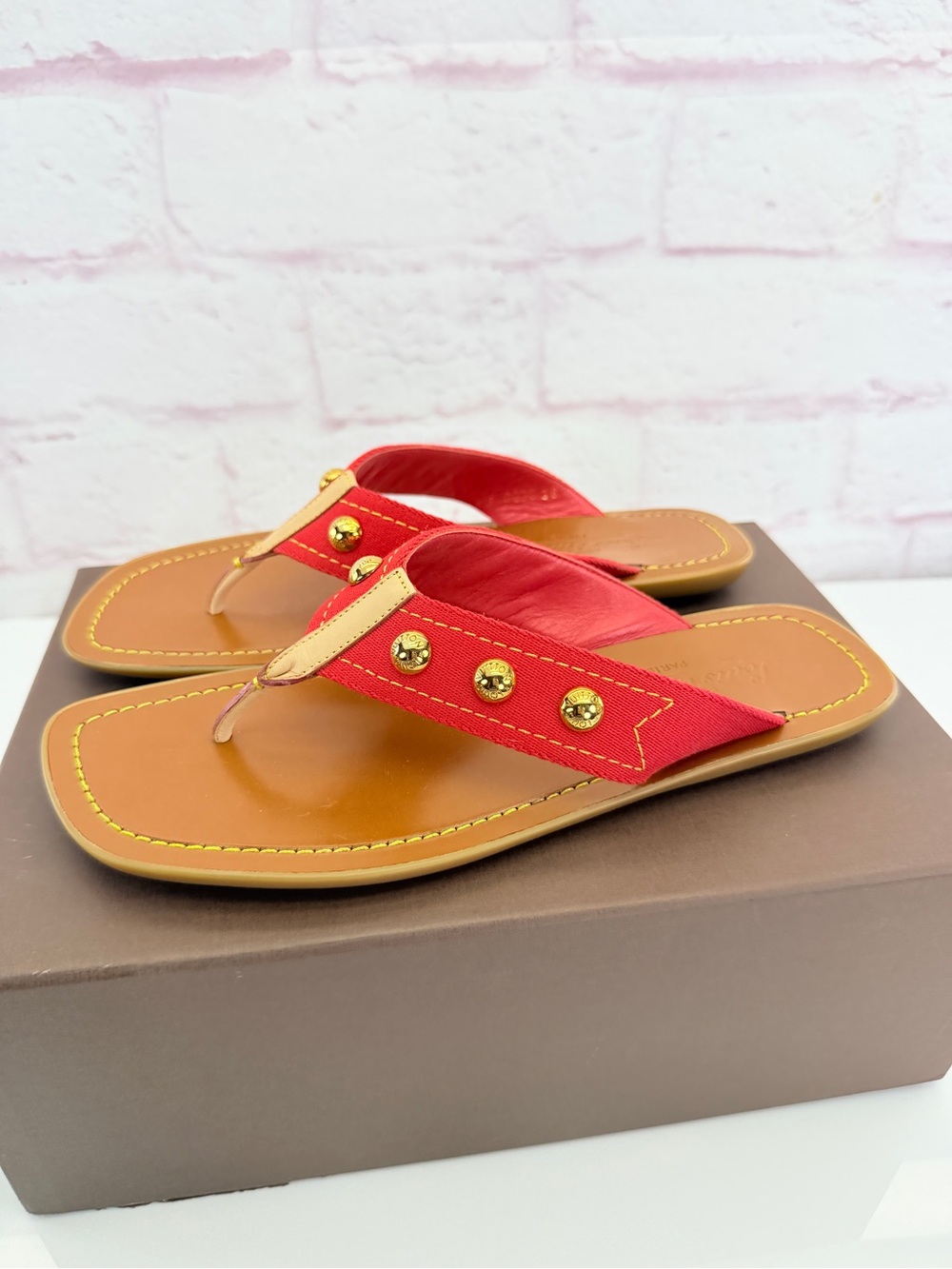 Louis Vuitton Sunny Red Studded Thong Sandals 38